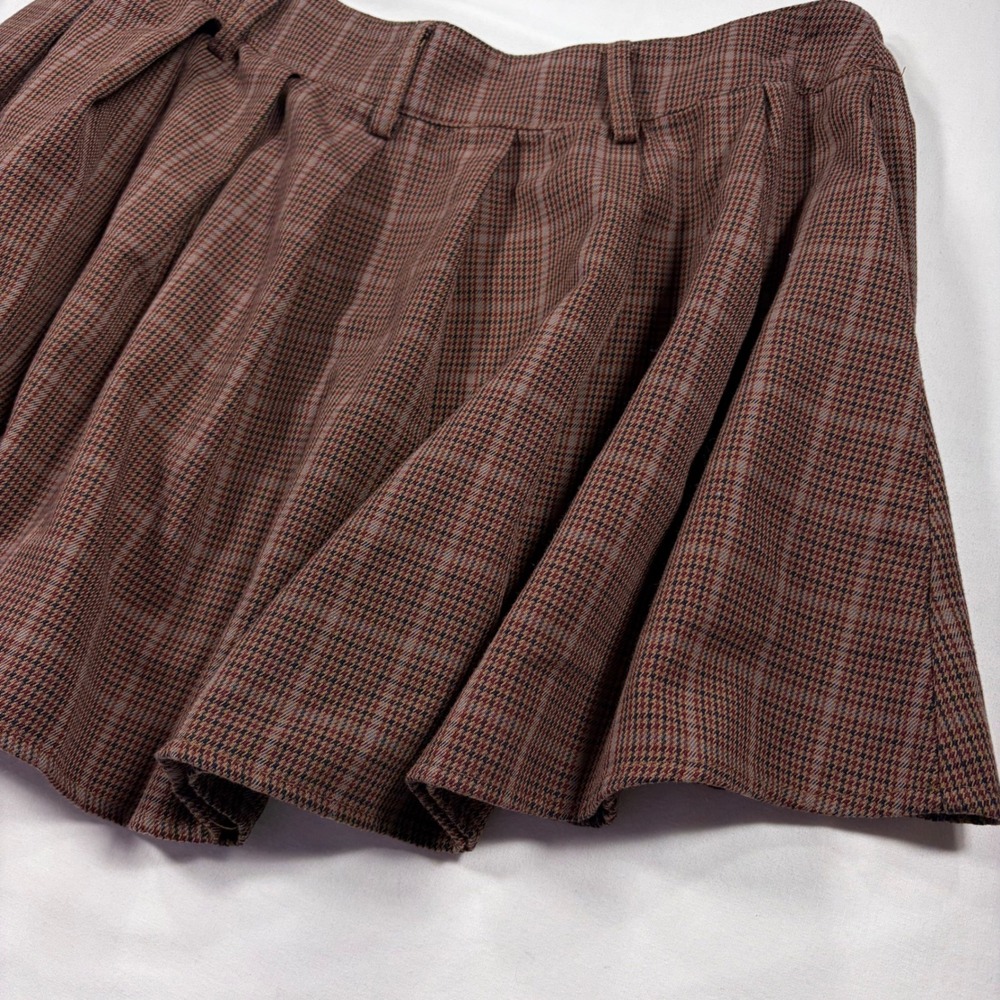 Thorn & Fable Brown Plaid Pleated Mini Skirt Side Zip Academic Style XL